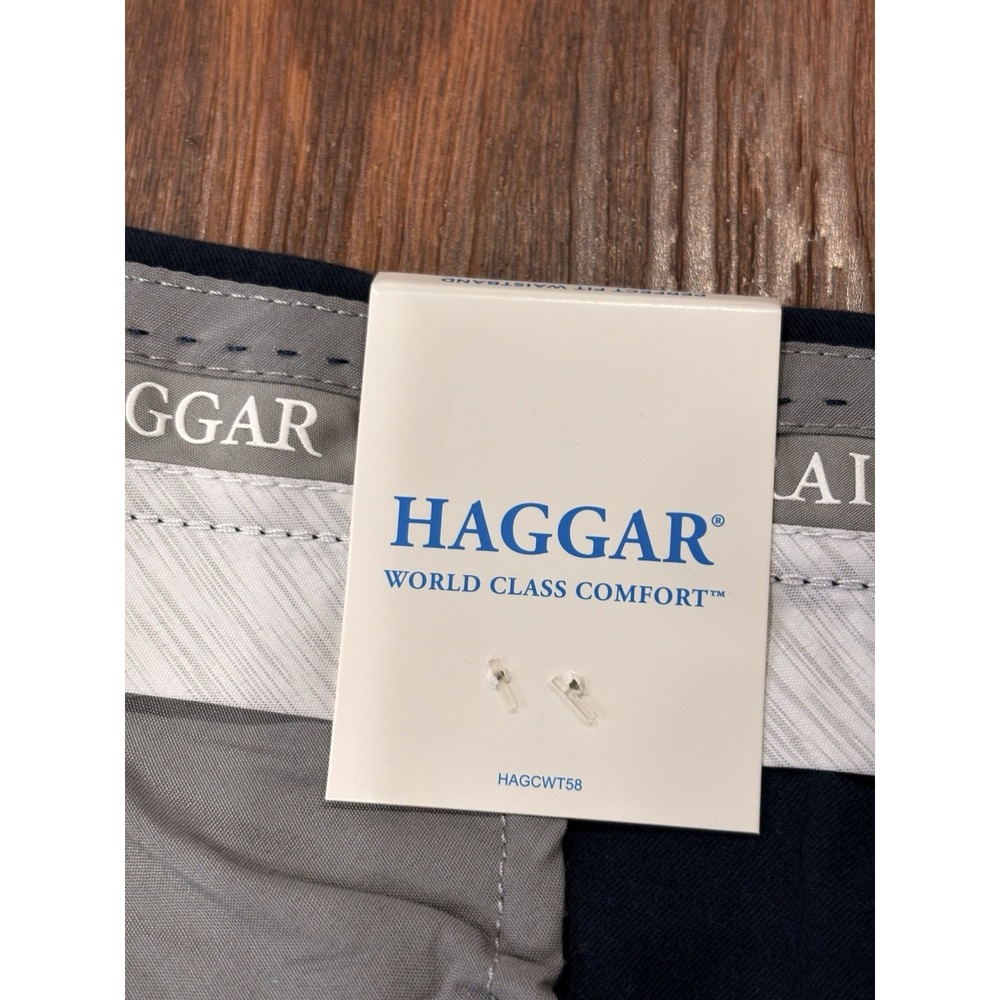 NEW Haggar Straight Fit Mens Pants 34W x 30L Waistband Navy Premium Soft Stretch - Picture 5 of 14
